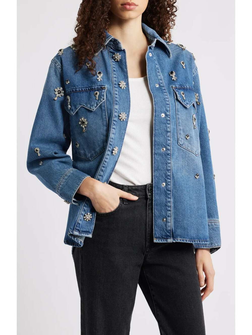 NEW, AllSaints Enna Embellished Denim Snap-Up Shirt in Indigo Sz M #SJ2506 - Picture 4 of 11